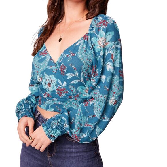 Band of the Free Sybille Teal Floral V-Neck Crop Top Long Sleeve Blouse Size XS - Picture 1 of 7